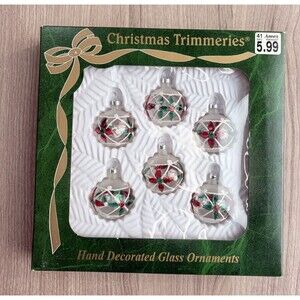 Vintage Christmas Trimmeries glass ornaments Hand Decorated Red Green Poinsettia